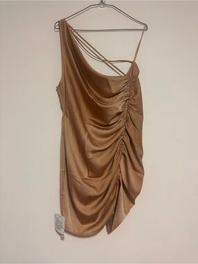 ASOS DESIGN satin ruched side mini dress with asymmetric straps in bronze-Brown